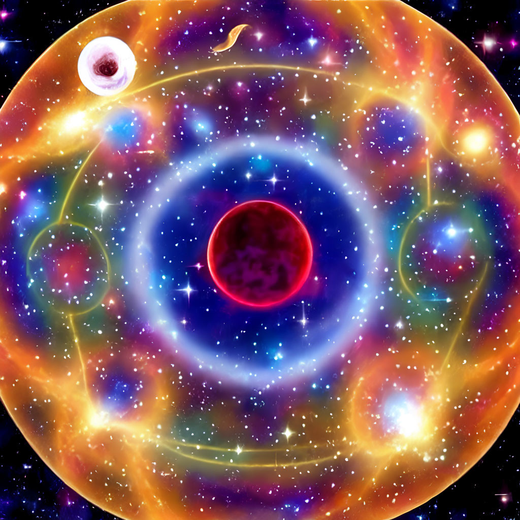 Colorful cosmic illustration with red planet and astral symbols in starry space