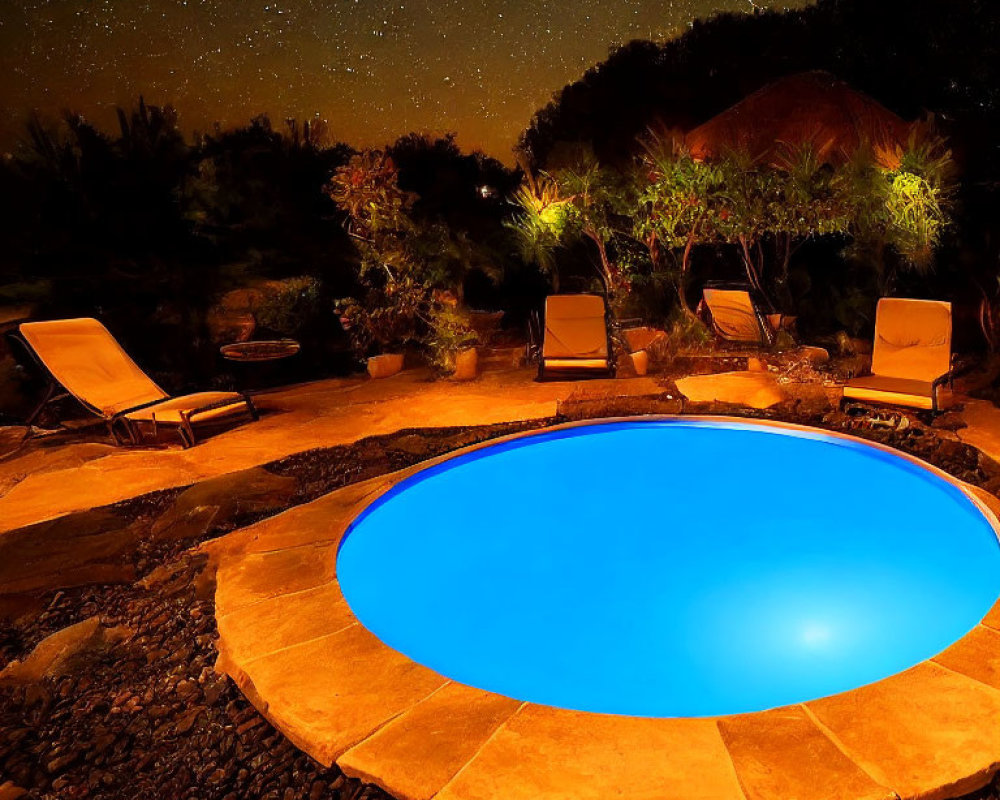 Tranquil garden pool under starry night sky