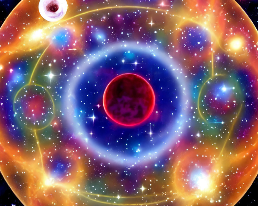 Colorful cosmic illustration with red planet and astral symbols in starry space