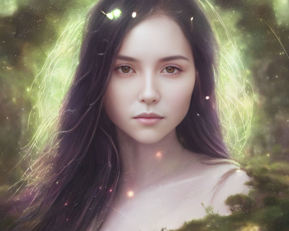 Digital artwork of luminous woman in green forest with floating orbs