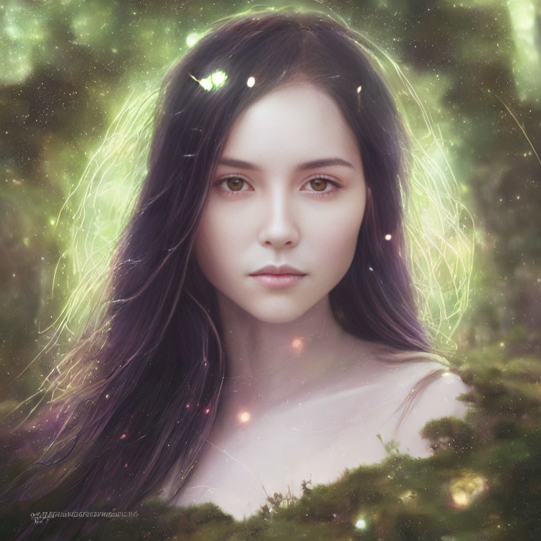 Digital artwork of luminous woman in green forest with floating orbs