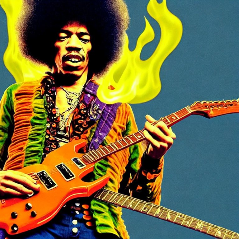 Colorful Guitarist with Afro Playing Flaming Orange Guitar on Blue Background