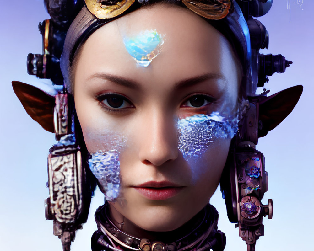 Digital portrait of female with elf-like ears, Asian features, futuristic adornments, and glowing blue mark