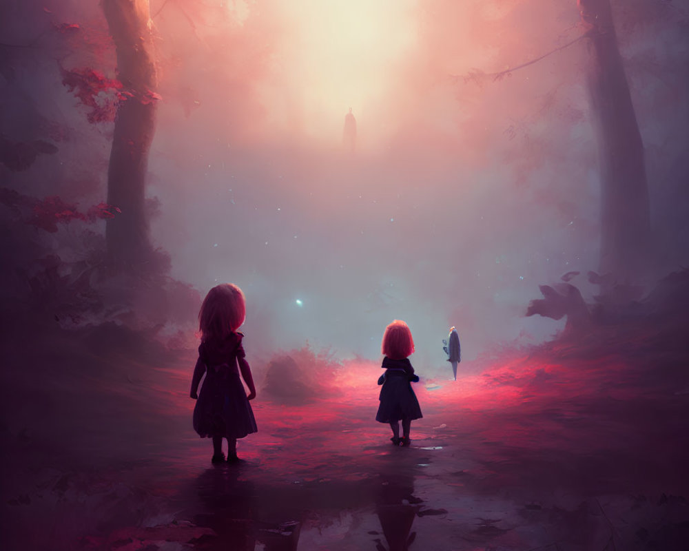 Children walking towards mysterious figure in foggy, red-foliaged forest