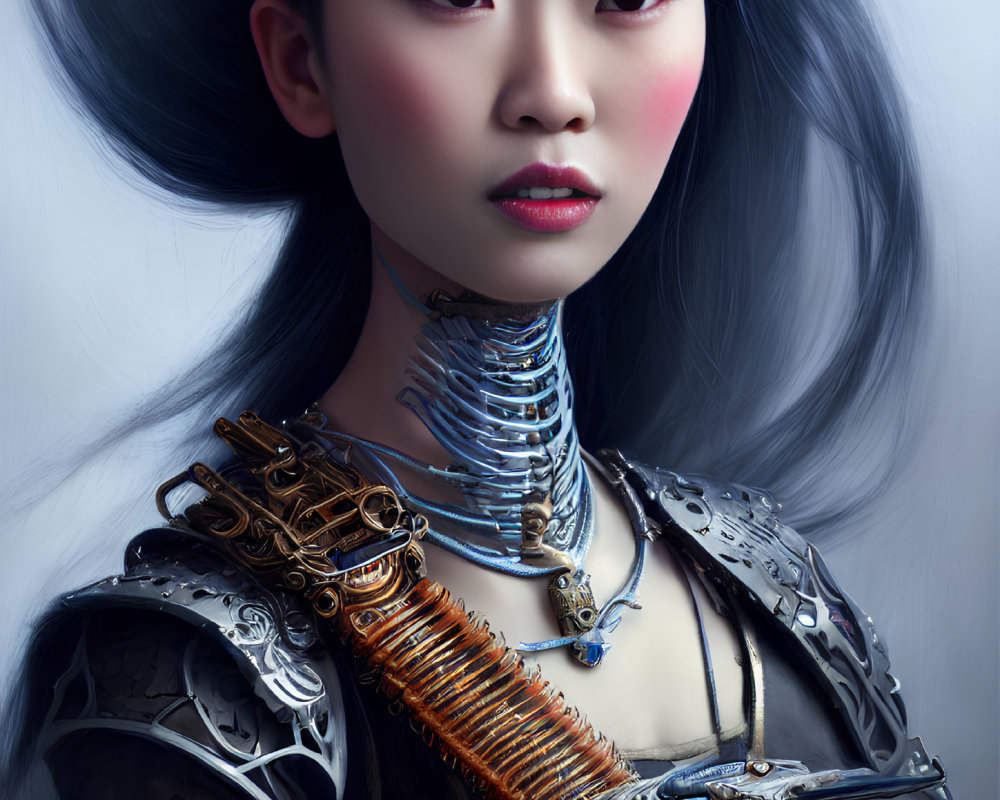 Elongated metal neckpiece on woman with intricate armor and dark hair