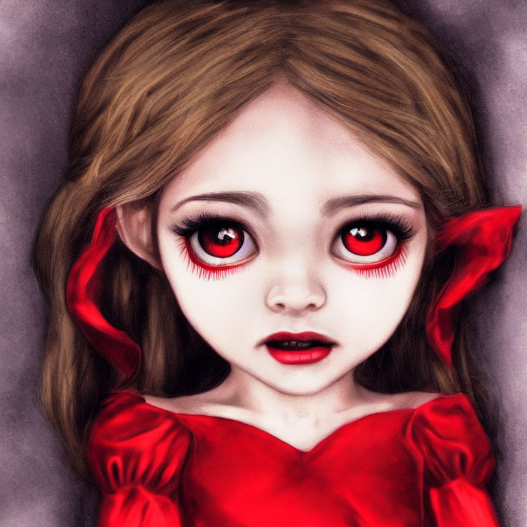 Illustration of girl with large red eyes, pale skin, dark lips, in red dress with ribbon