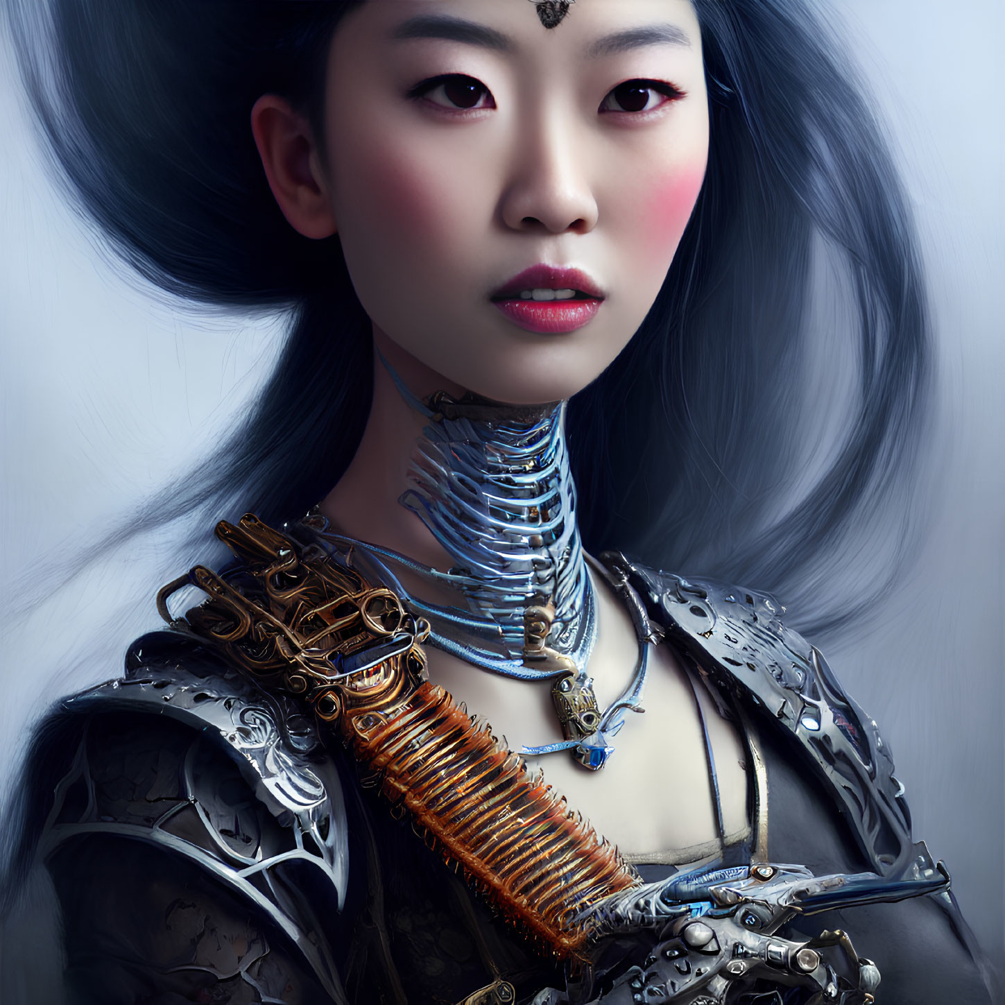 Elongated metal neckpiece on woman with intricate armor and dark hair