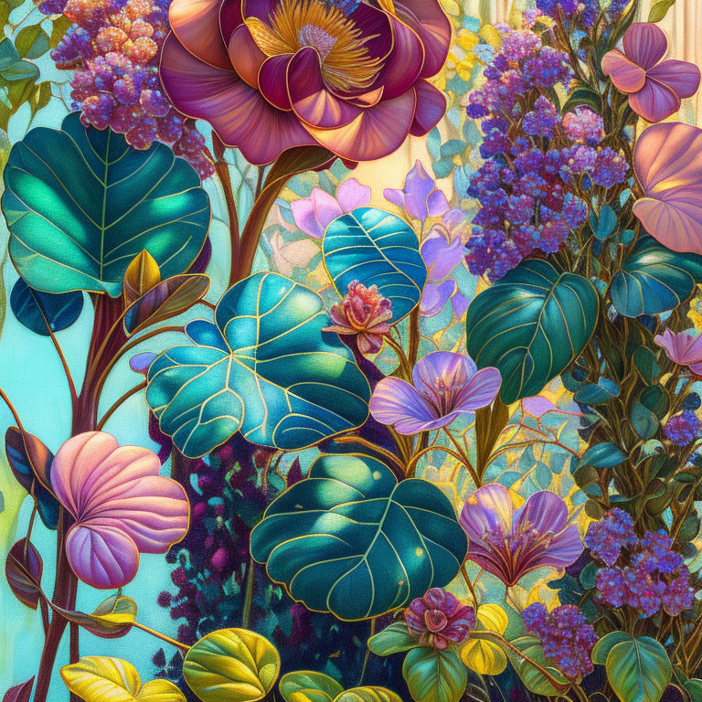 Colorful Botanical Illustration with Purple, Blue, and Pink Flowers