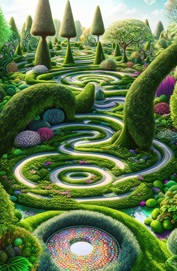 Detailed Garden Maze with Swirling Hedges and Colorful Flowerbeds