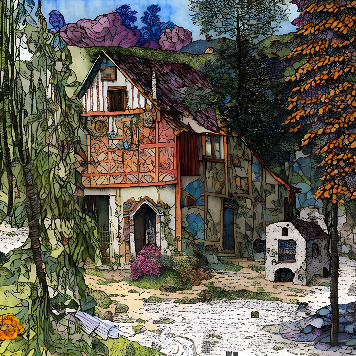 Colorful Cottage Illustration with Overgrown Plants & Cobblestone Path