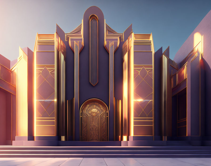 Symmetrical Art Deco Architecture with Golden Embellishments