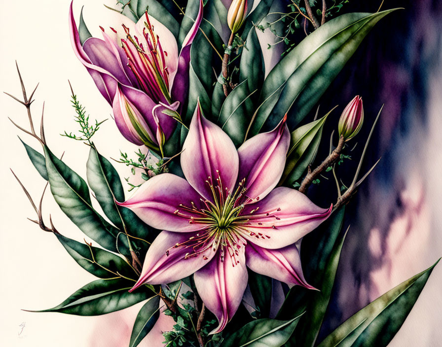 Detailed Pink Lily Flower Illustration with Stamens and Foliage