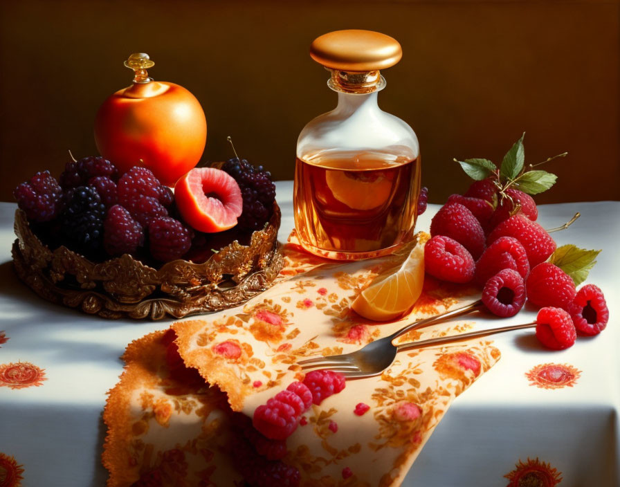 Glass decanter, berries, and orange slice on patterned cloth