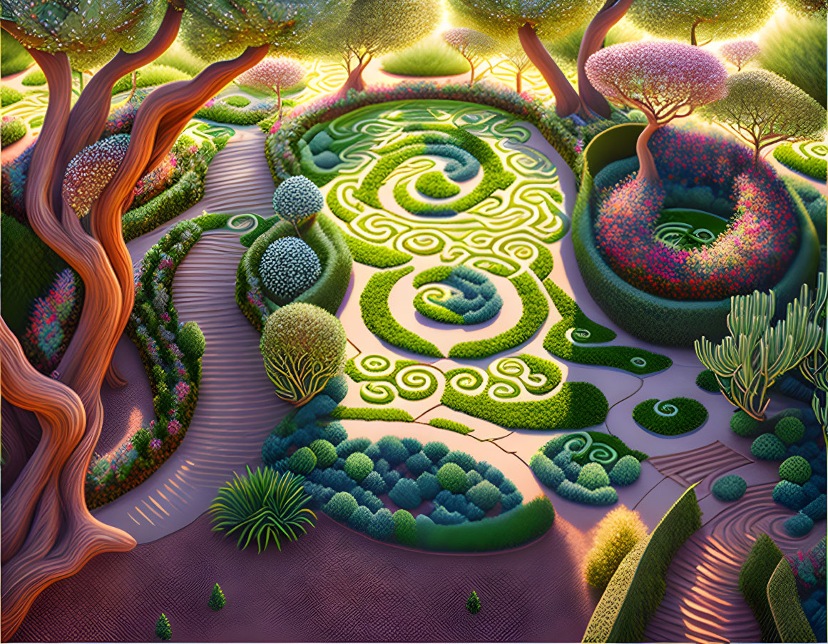 Whimsical garden with green maze, colorful flora, and magical landscape