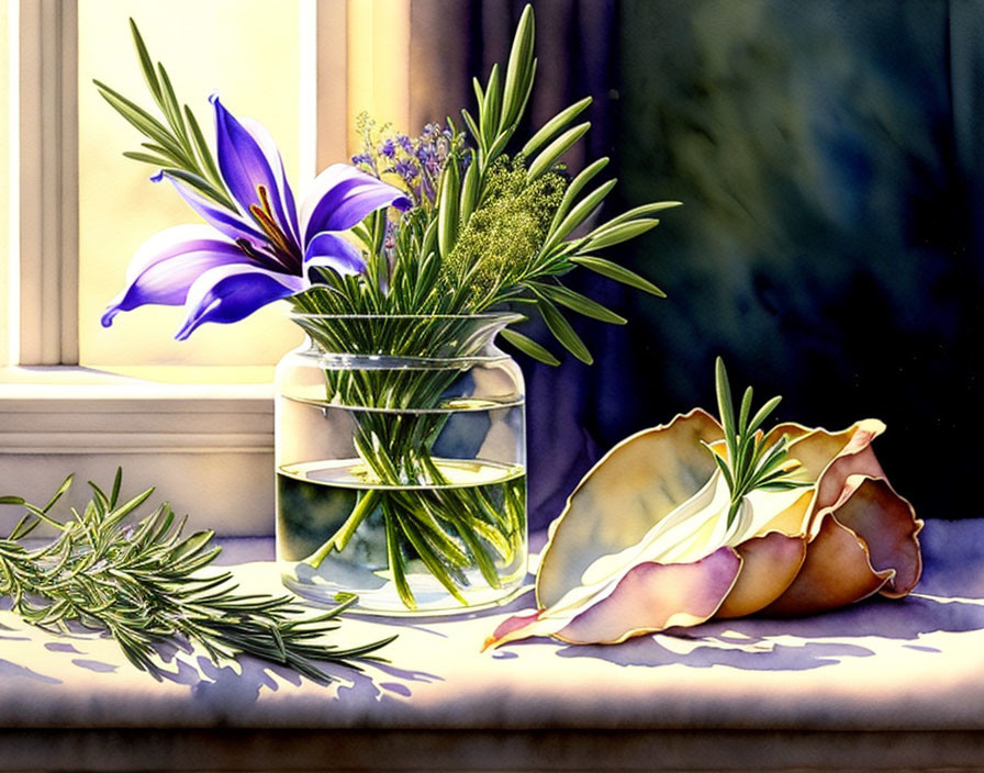 Purple lily and greenery in glass jar with seashells on windowsill