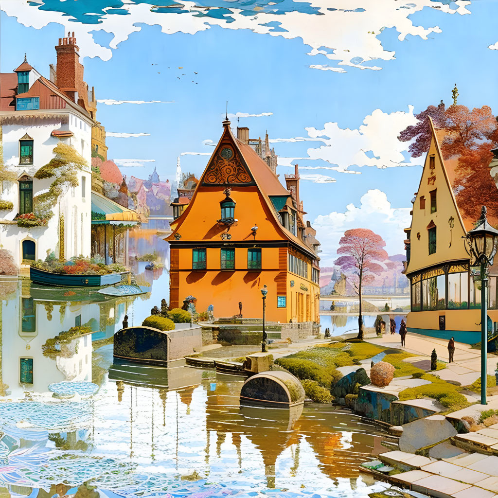 Colorful European Village Scene with Stone Bridge and River