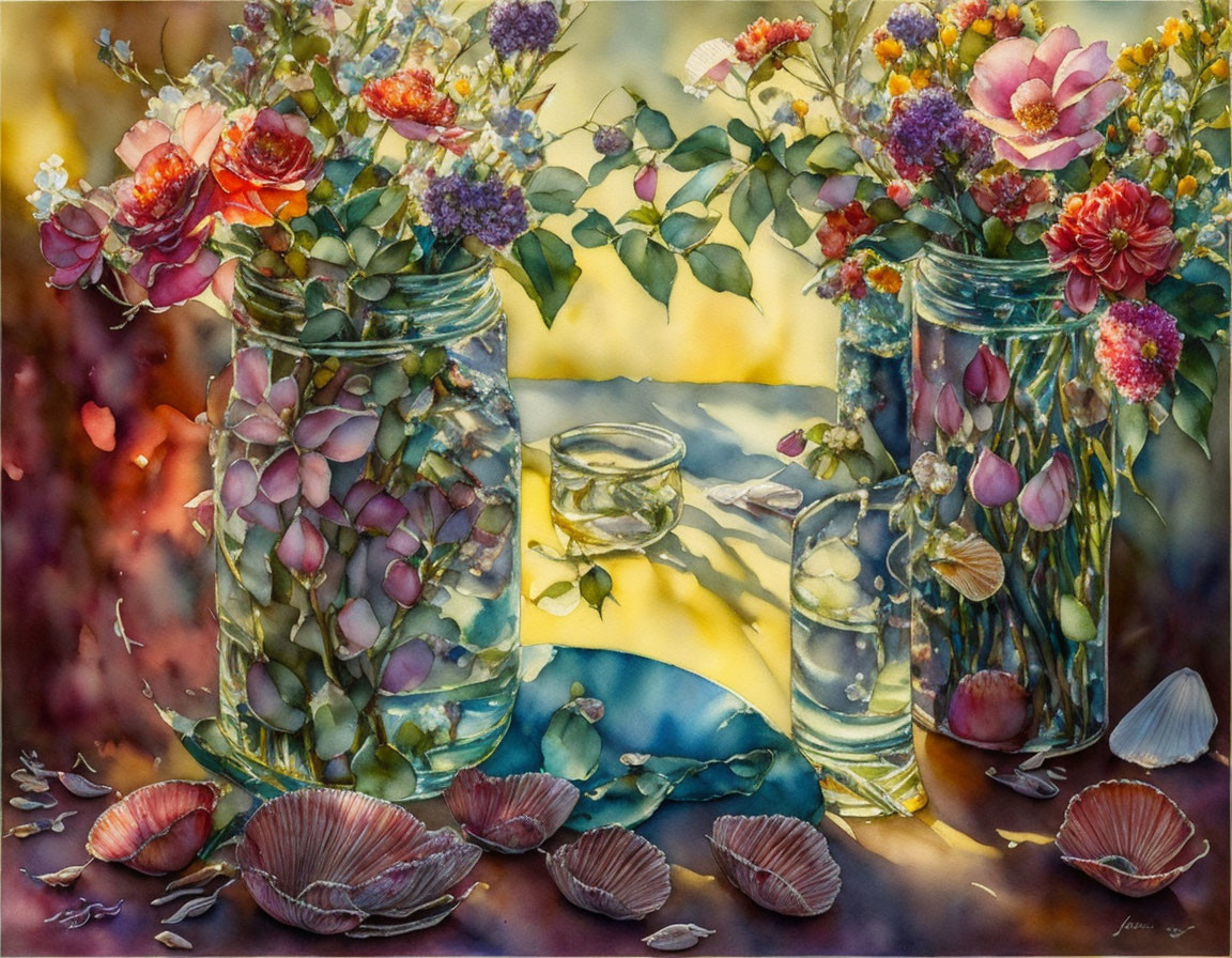 Colorful flowers, leaves in glass jars with seashells on reflective surface.