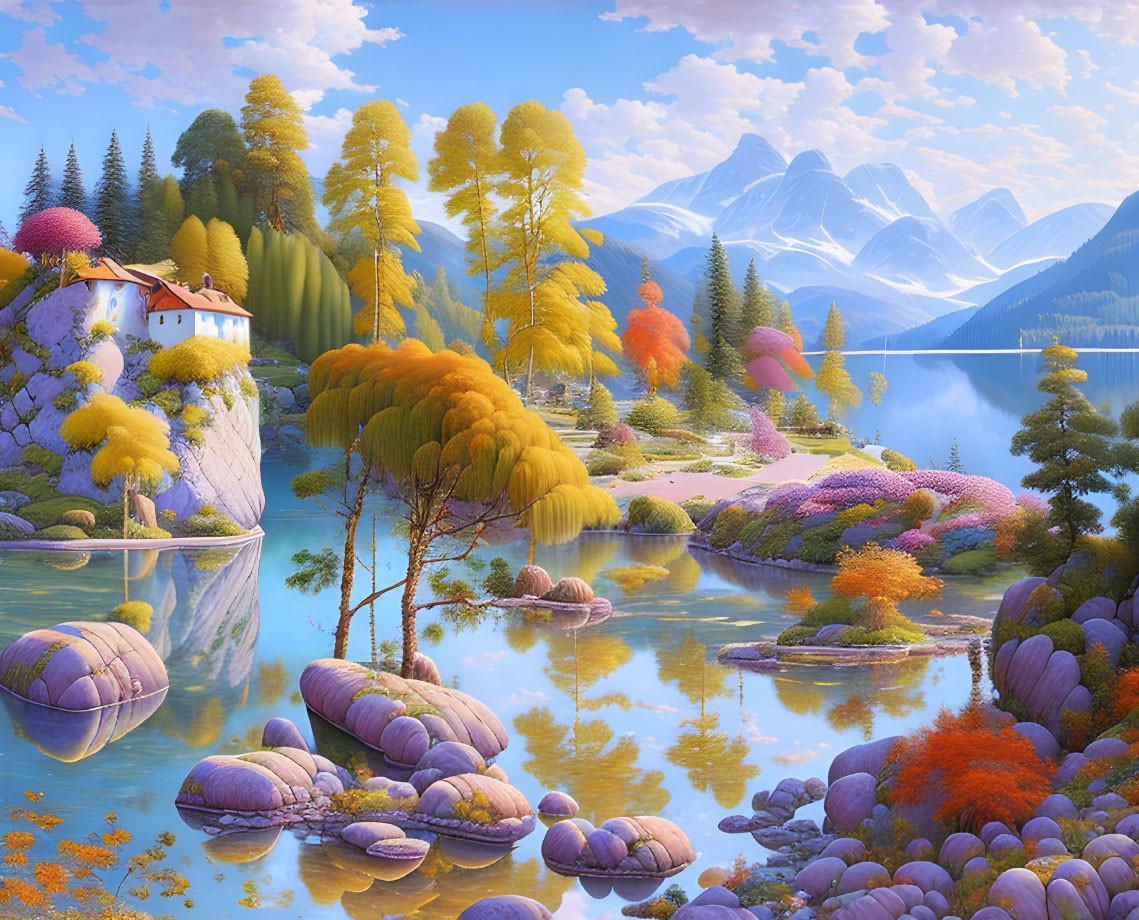 Colorful landscape with lake, house, and mountains