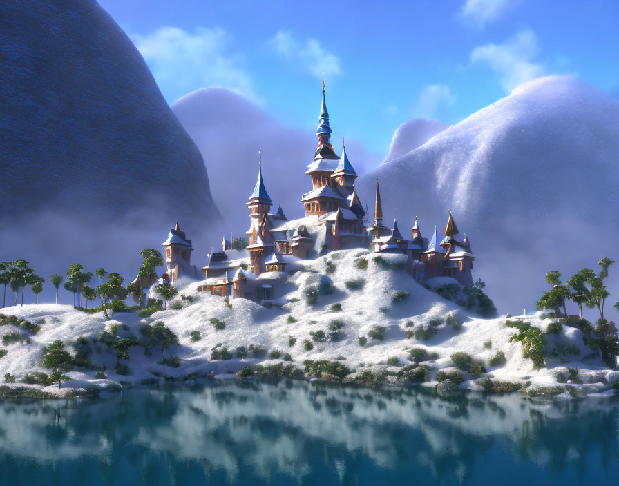 Snow-covered fantasy castle and spires in frosty landscape by reflective lake