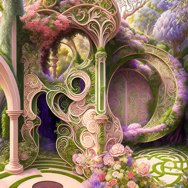 Whimsical garden with swirling patterns and elaborate archways