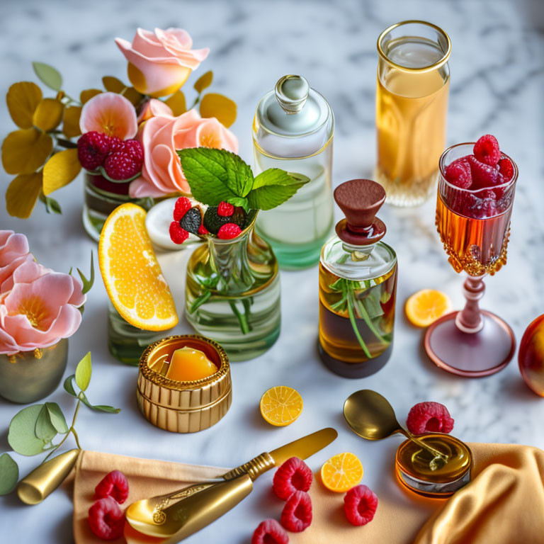 Vibrant Still Life: Cosmetics, Drinks, Fruits, Flowers on Marble