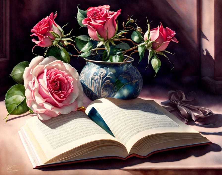 Still Life Image: Open Book, Pink Roses in Vase, Reading Glasses on Table