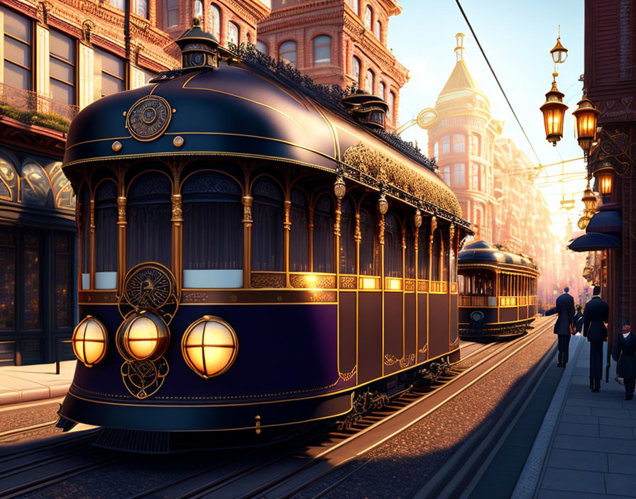 City street with vintage-style trams, pedestrians, and ornate street lamps at sunset