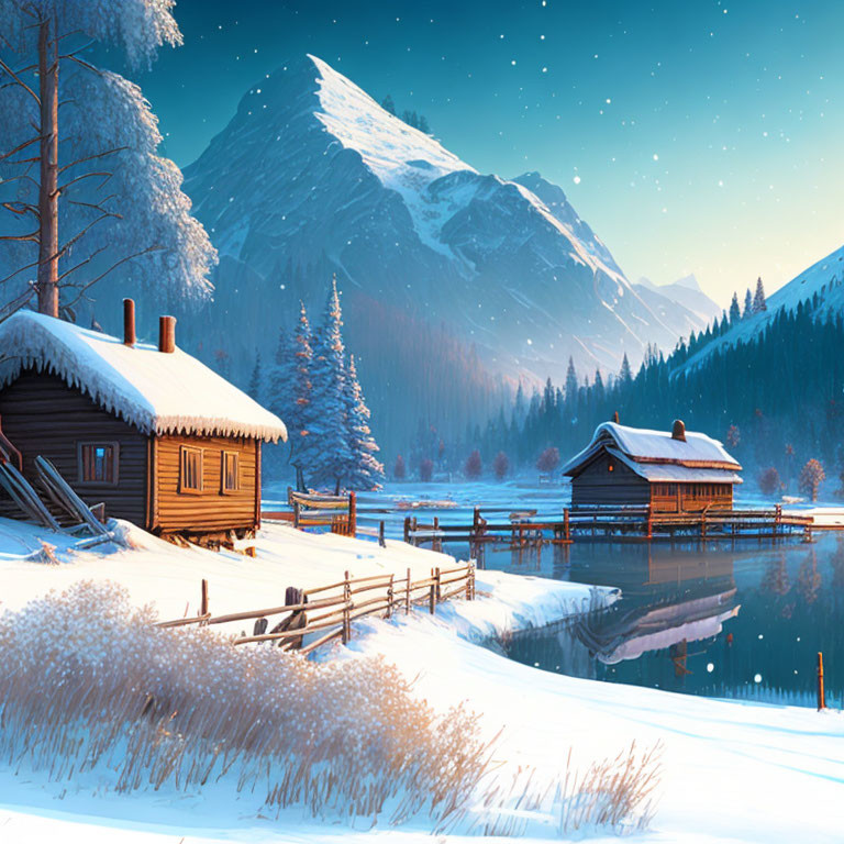 Winter Twilight: Snowy Cabins, Lake, Mountains