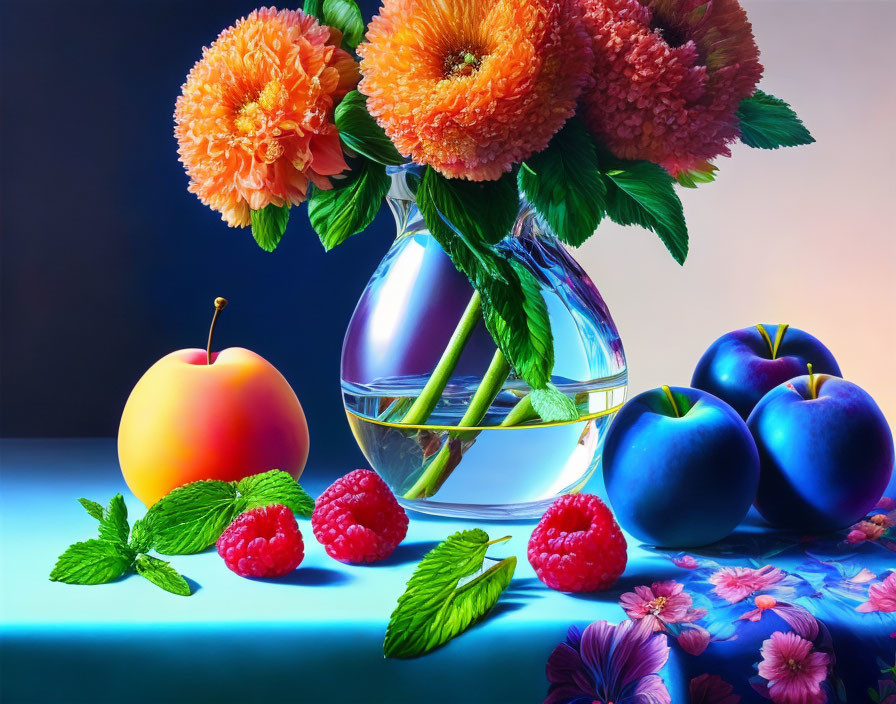 Colorful Still Life with Glass Vase, Fruit, and Flowers