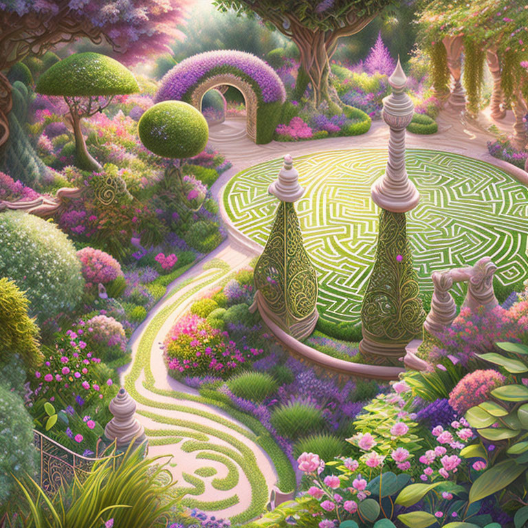 Fantastical garden with maze, topiaries, and lush flowerbeds