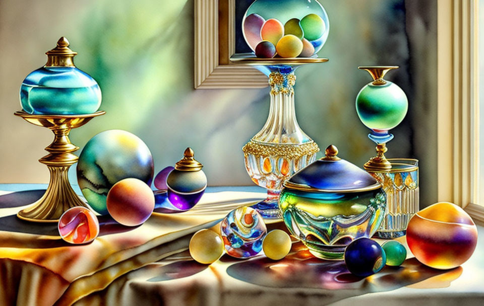 Colorful glass orbs and bottles in vibrant still life painting