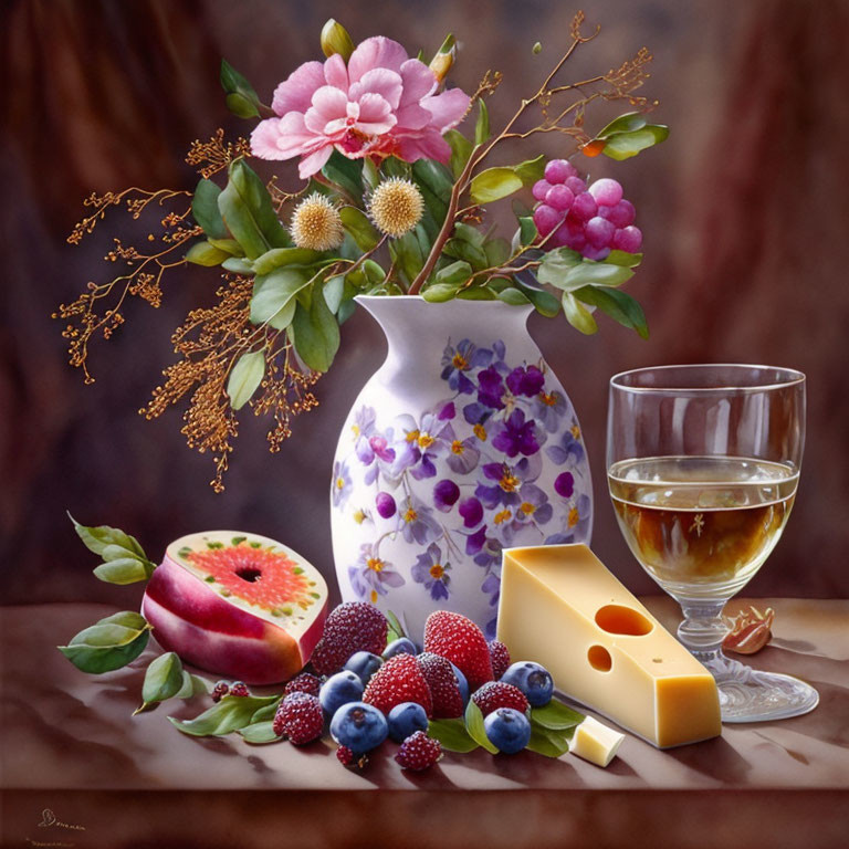 Floral Still Life Painting with Fruit, Cheese, and Wine