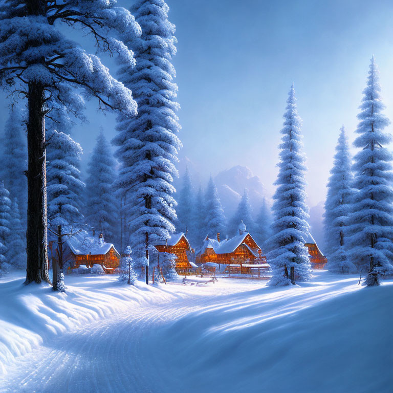 Snow-covered trees and cozy cabins in tranquil winter forest