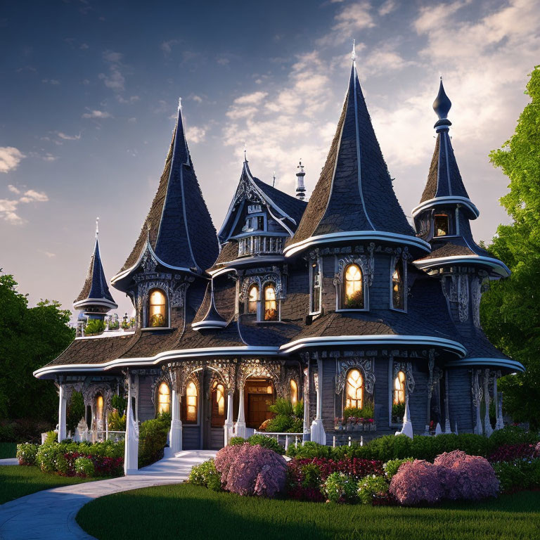 Victorian-style mansion with spires and gardens at twilight