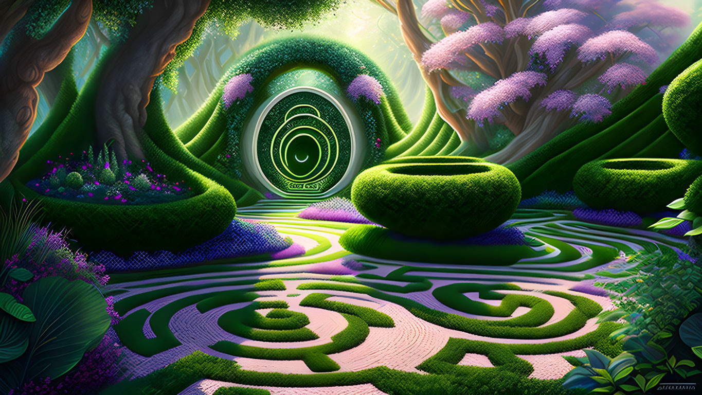 Colorful Fantasy Landscape with Glowing Plants and Spiral Portal