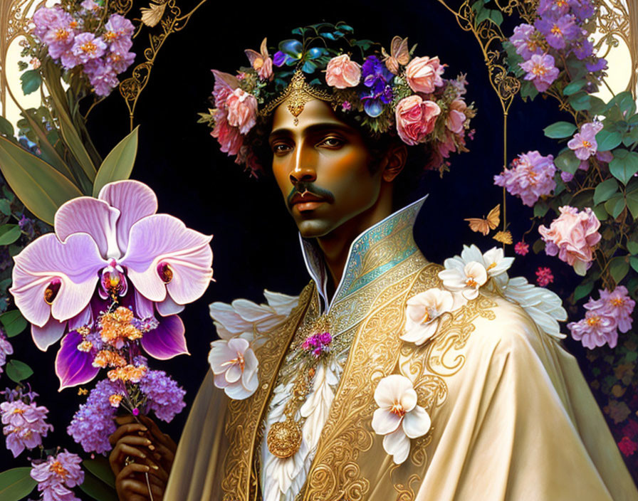 Regal man with flower crown in mystical garden portrait.