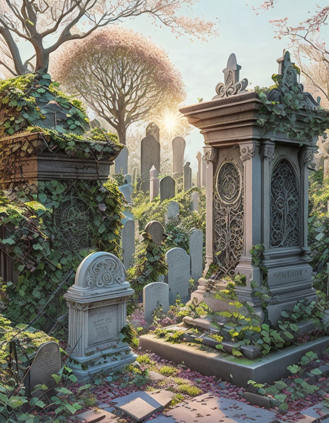 Ornate cemetery scene with ivy-covered gravestones and mausoleums in warm sunlight