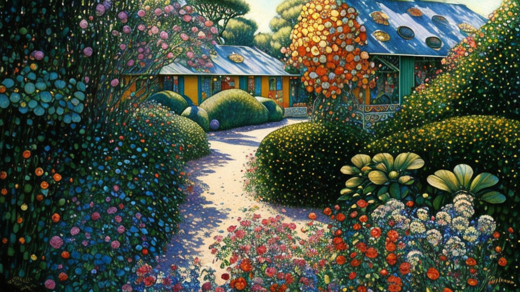 Colorful Painting of Lush Garden with Cozy Cottage