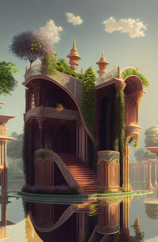 Fantasy palace with arches and domes surrounded by lush greenery reflected in tranquil water