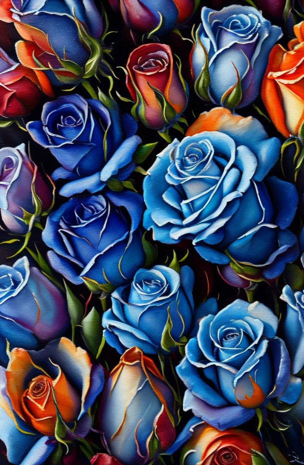 Vibrant blue and red roses with yellow hints in textured floral painting