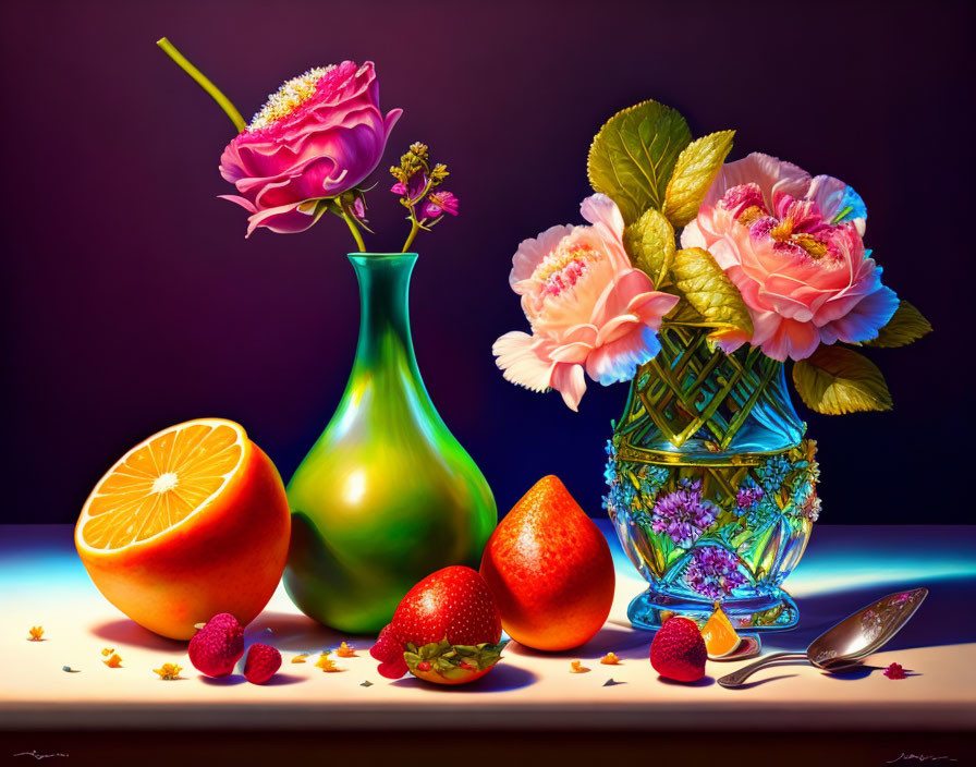 Colorful Still Life Painting with Green Vase, Flowers, Fruits, and Reflective Surface