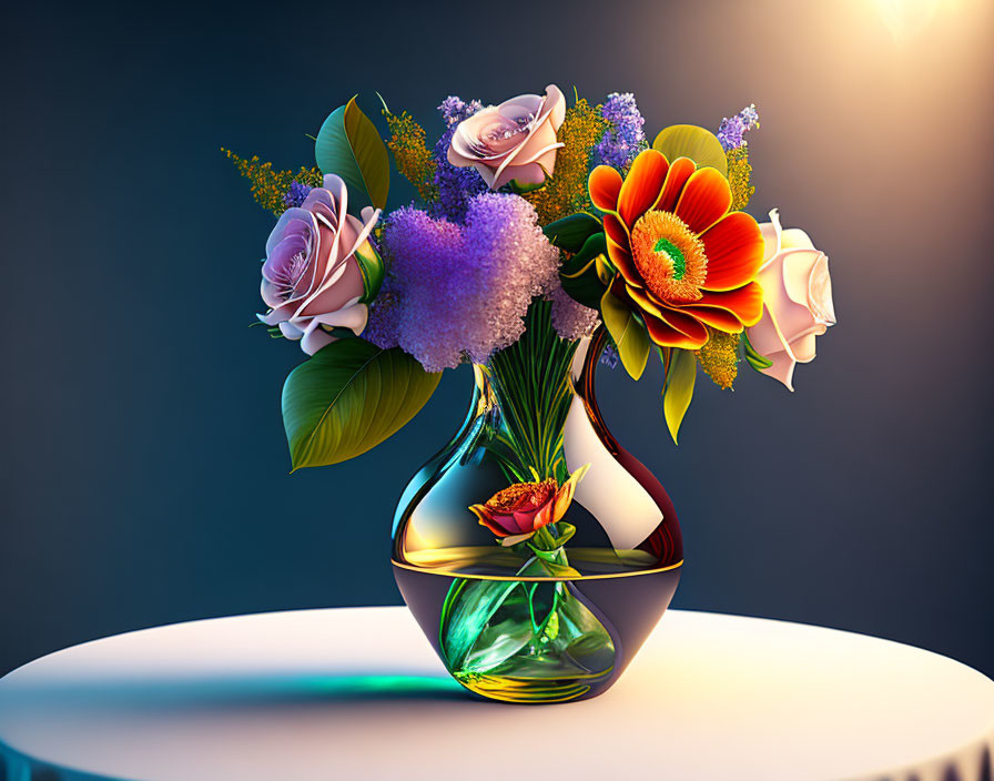 Colorful bouquet with roses and large orange flower in glass vase on table.