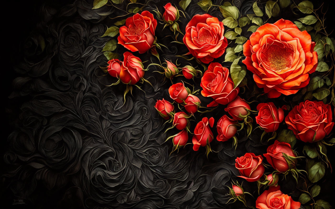 Bright Red Roses on Dark Textured Background with Black Floral Patterns