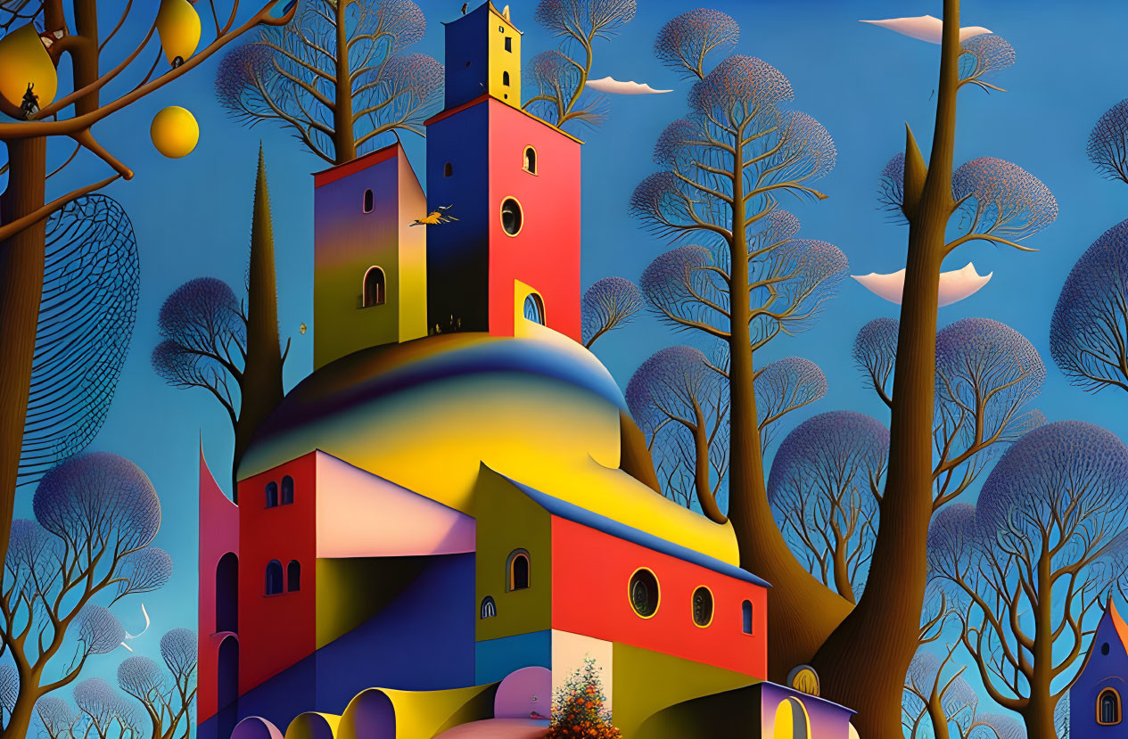 Vibrant surreal landscape with whimsical building and floating orbs