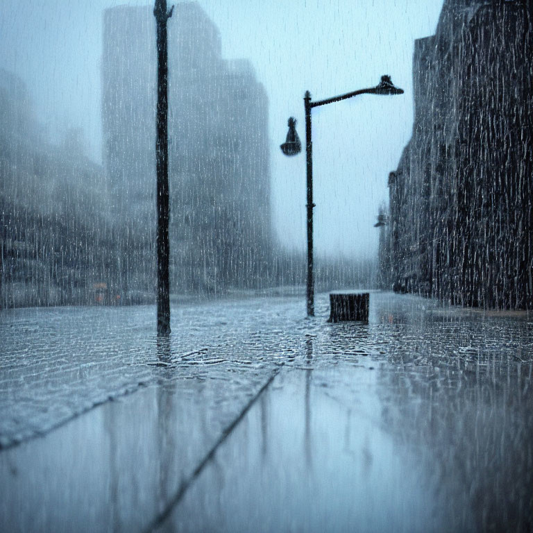 Rainy cityscape with blurred view and street lamps, bench, and heavy rain.