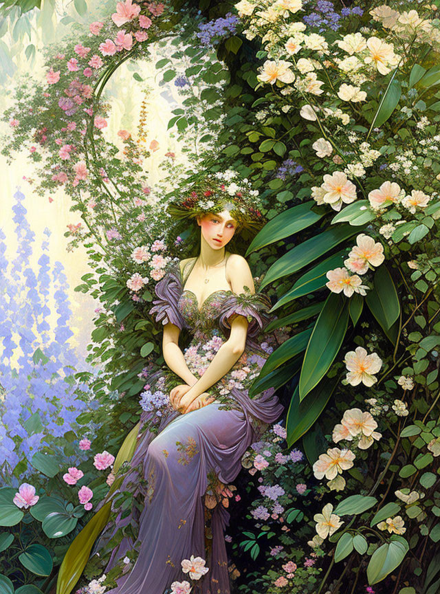 Woman in purple gown with floral wreath in lush greenery