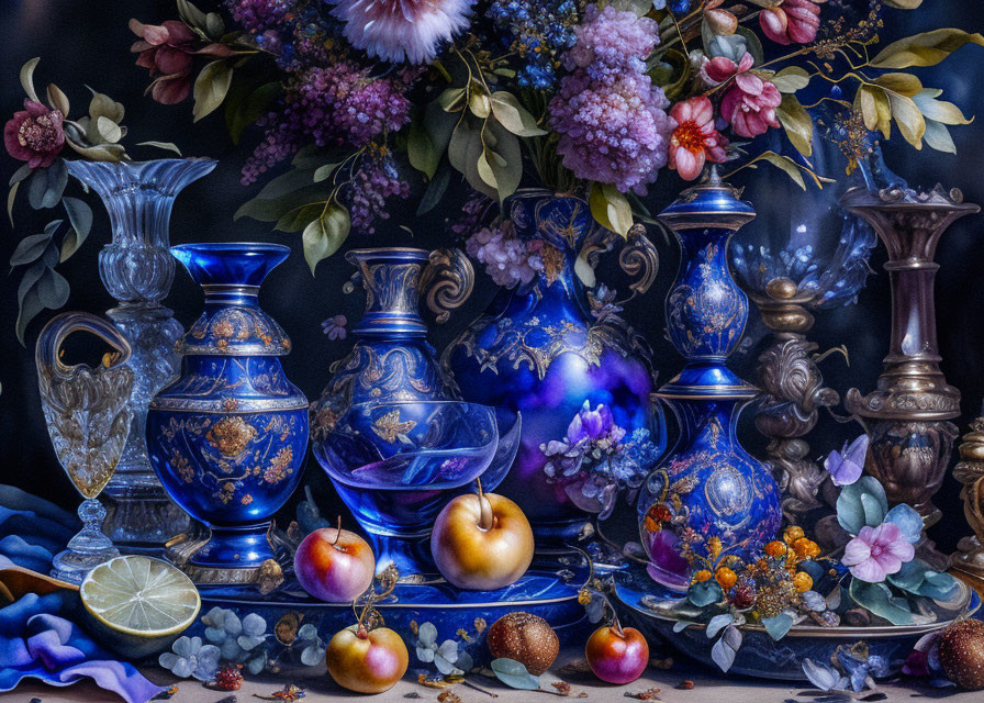 Ornate blue vases, vibrant flowers, and ripe fruit in intricate still life