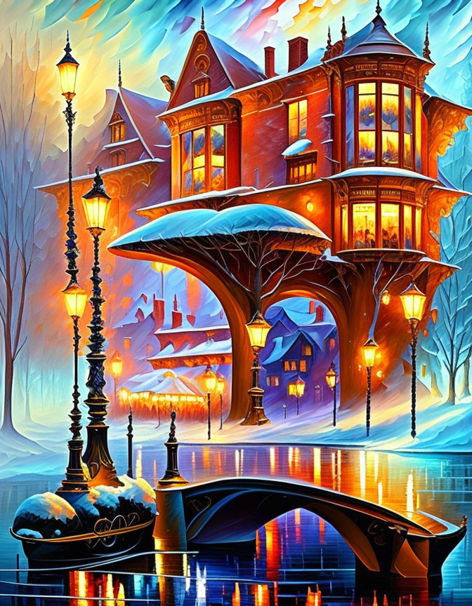 Whimsical illuminated house by river at sunset