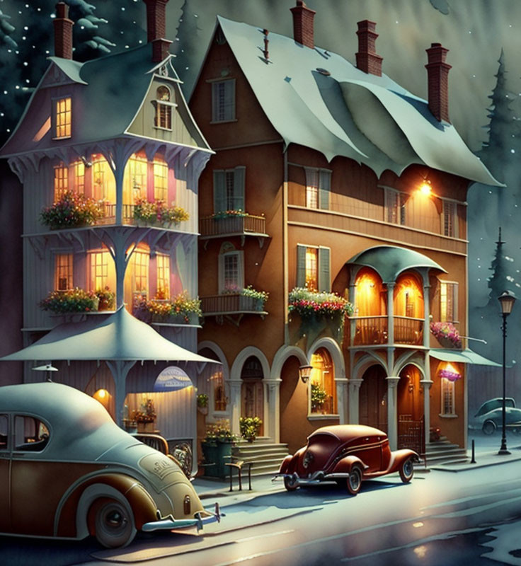 Snowy Night Scene: Multi-Story House, Vintage Cars, Flower Boxes