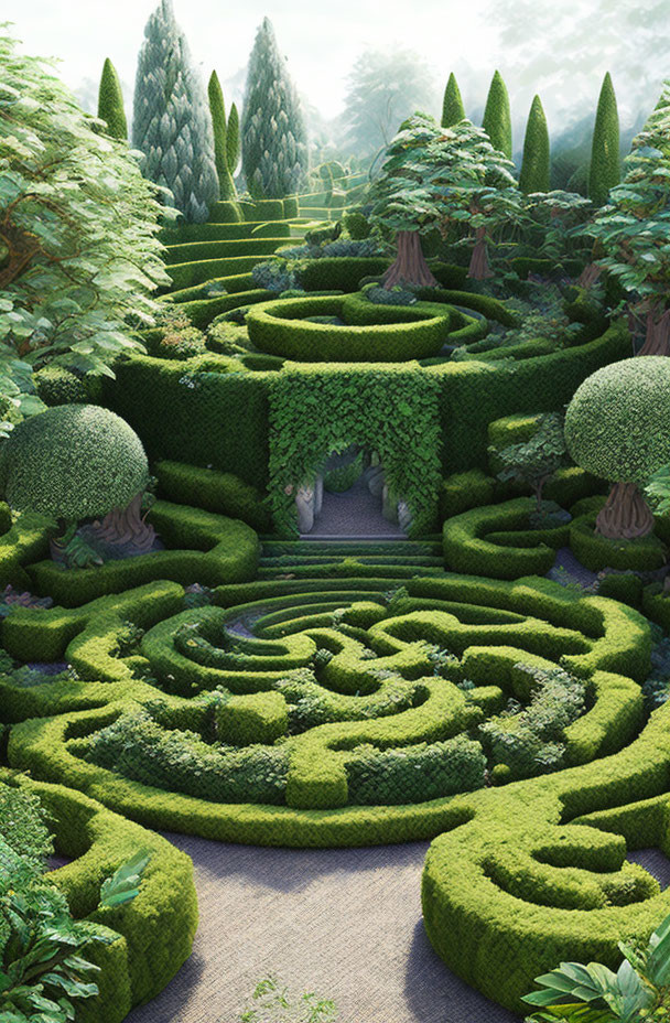 Green garden maze with topiary art and tall trees in a clear path